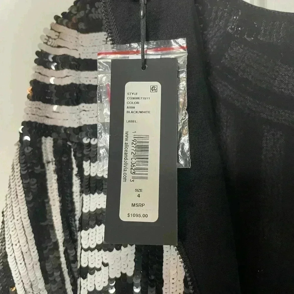 NWT Alice + Olivia Jae Sequin Fitted Cocktail Gown Dress Size 4 Black White - Picture 9 of 14